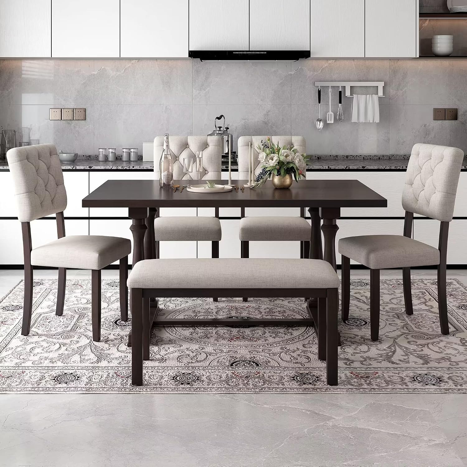 6 Pieces Dining Table Chair Set, Rectangle Dining Table with 4 Upholstered Chairs & a Bench, Wood Kitchen Table Chairs Set for 6 Persons, Modern Style Dining Room Set (Espresso+ Beige)
