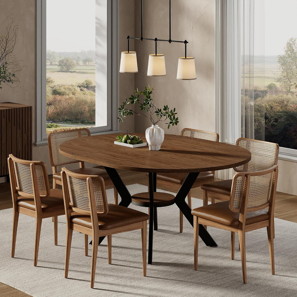42'-58' Extendable Round Dining Table for 4-6, Kitchen Oval Table with Hidden Leaves & Storage Shelf, Space Saving Modern Design with Sturdy Metal Legs for Kitchen, Dining Room & Small Apartments