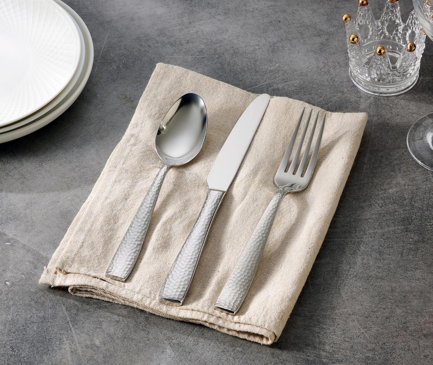 Hudson Essentials 65-Piece Hammered 18/10 Stainless Steel Silverware Cutlery Set, Flatware Service for 12