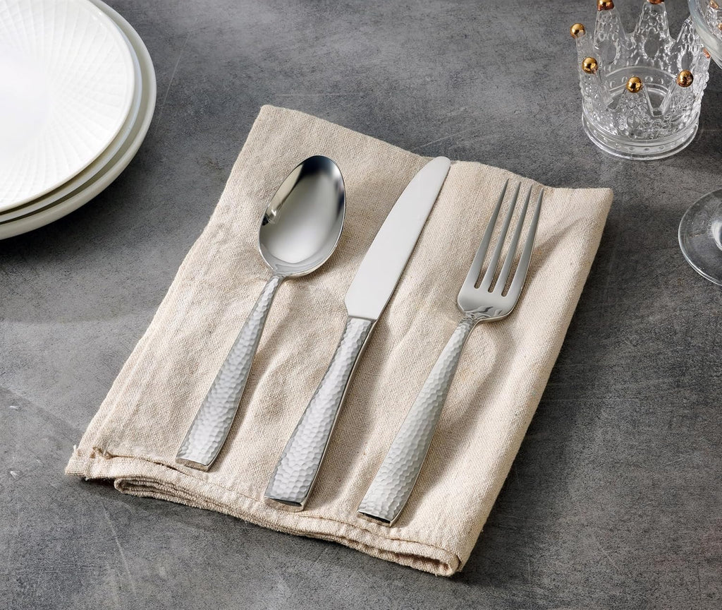 Hudson Essentials 68-Piece Hammered 18/10 Stainless Steel Silverware Cutlery Set with Serving Set, Flatware Service for 12 (68-Piece Set)