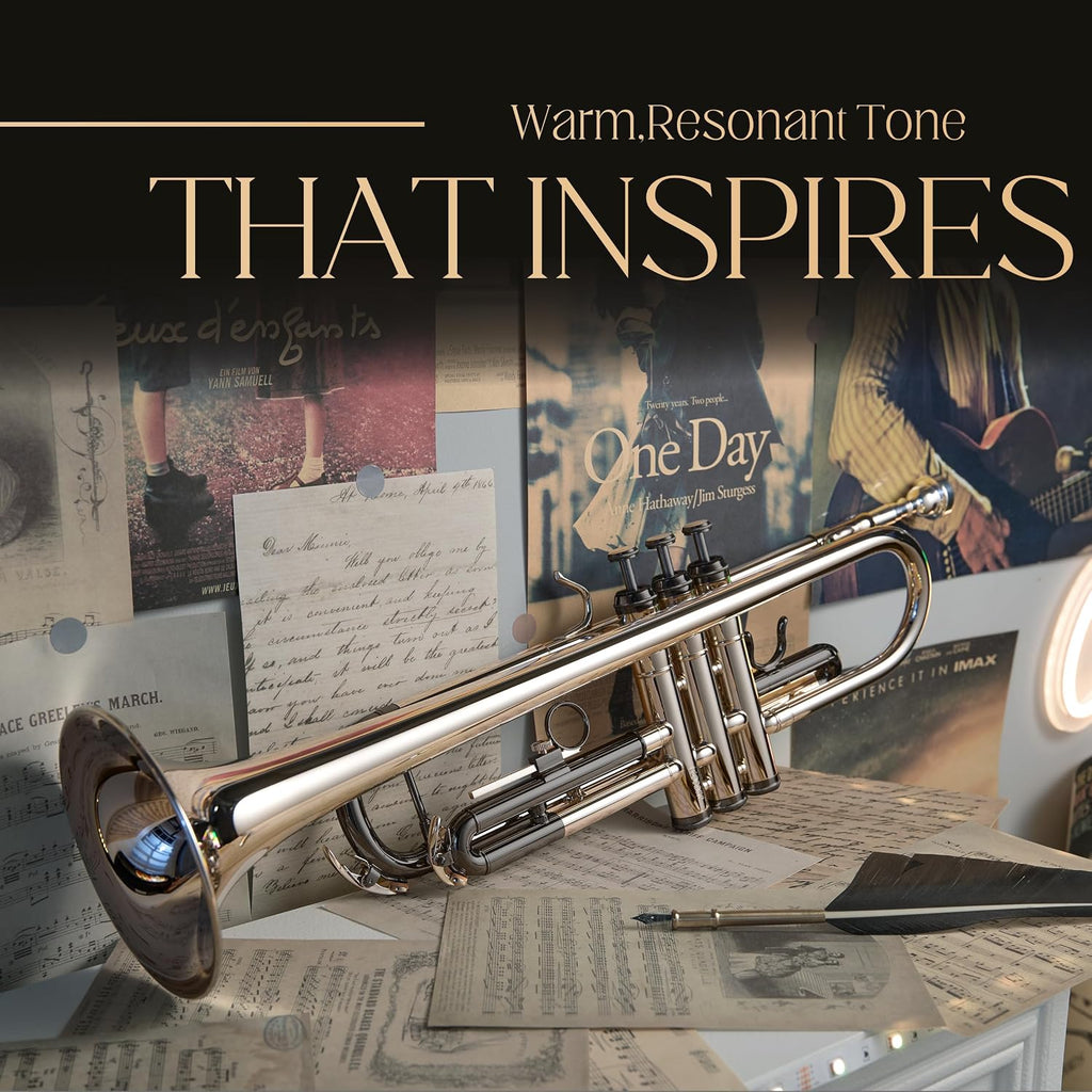 AKLOT Hand-Hammered Bell Bb Trumpet: Smooth Valve Action, Clear-Lacquered Brass Body, Standard Trumpet Beginner Set with Leather Case, Lesson Book, Trumpet Mute, Mouthpiece, Cleaning Kit (SNR-BrzBS)