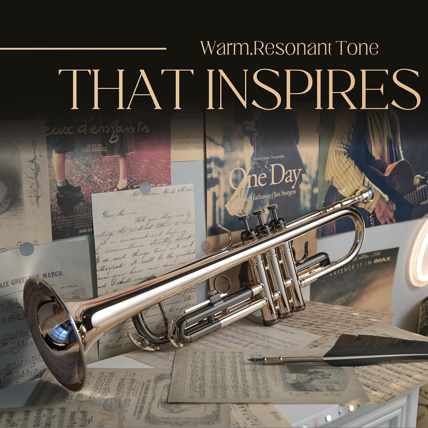 AKLOT Hand-Hammered Bell Bb Trumpet: Smooth Valve Action, Clear-Lacquered Brass Body, Standard Trumpet Beginner Set with Leather Case, Lesson Book, Trumpet Mute, Mouthpiece, Cleaning Kit (SNR-BrzBS)