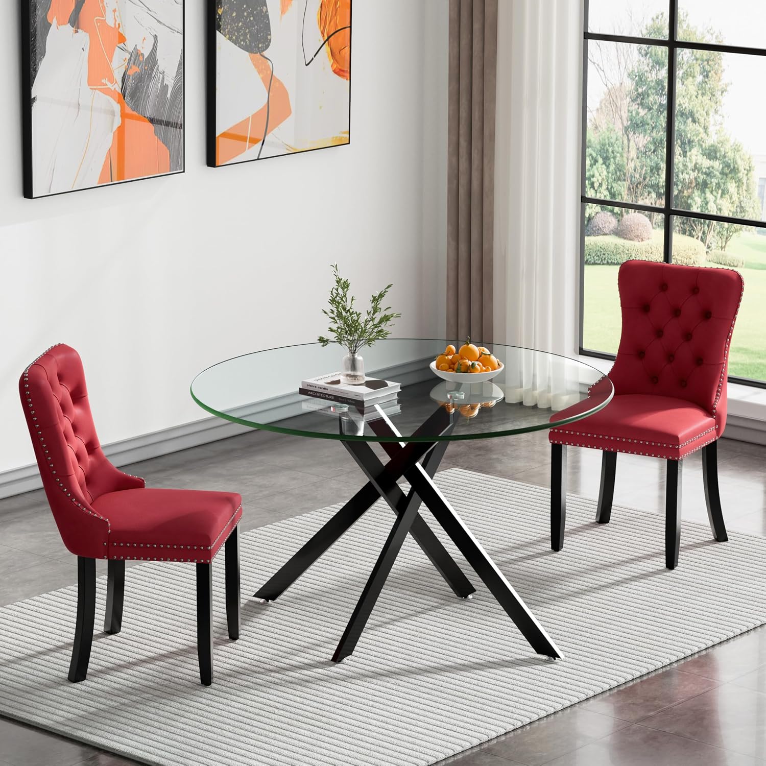 HomVent 3 Piece Round Glass Dining Table Set, Tempered Glass Dinner Table Set for 2 Kitchen Table Set with 2 Velvet Upholstered Chairs for Kitchen Dining Room