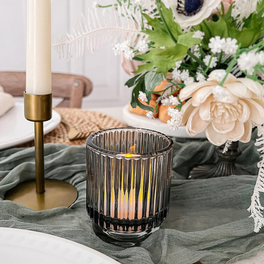 Kate Aspen Ribbed Glass Candle Holder Set - 6 Smoke Gray Tealight Holders for Home, Kitchen, Room or Living Room Decor - Vintage Tea Light Votive Accent for Table or Shelf Styling (Pack of 6)