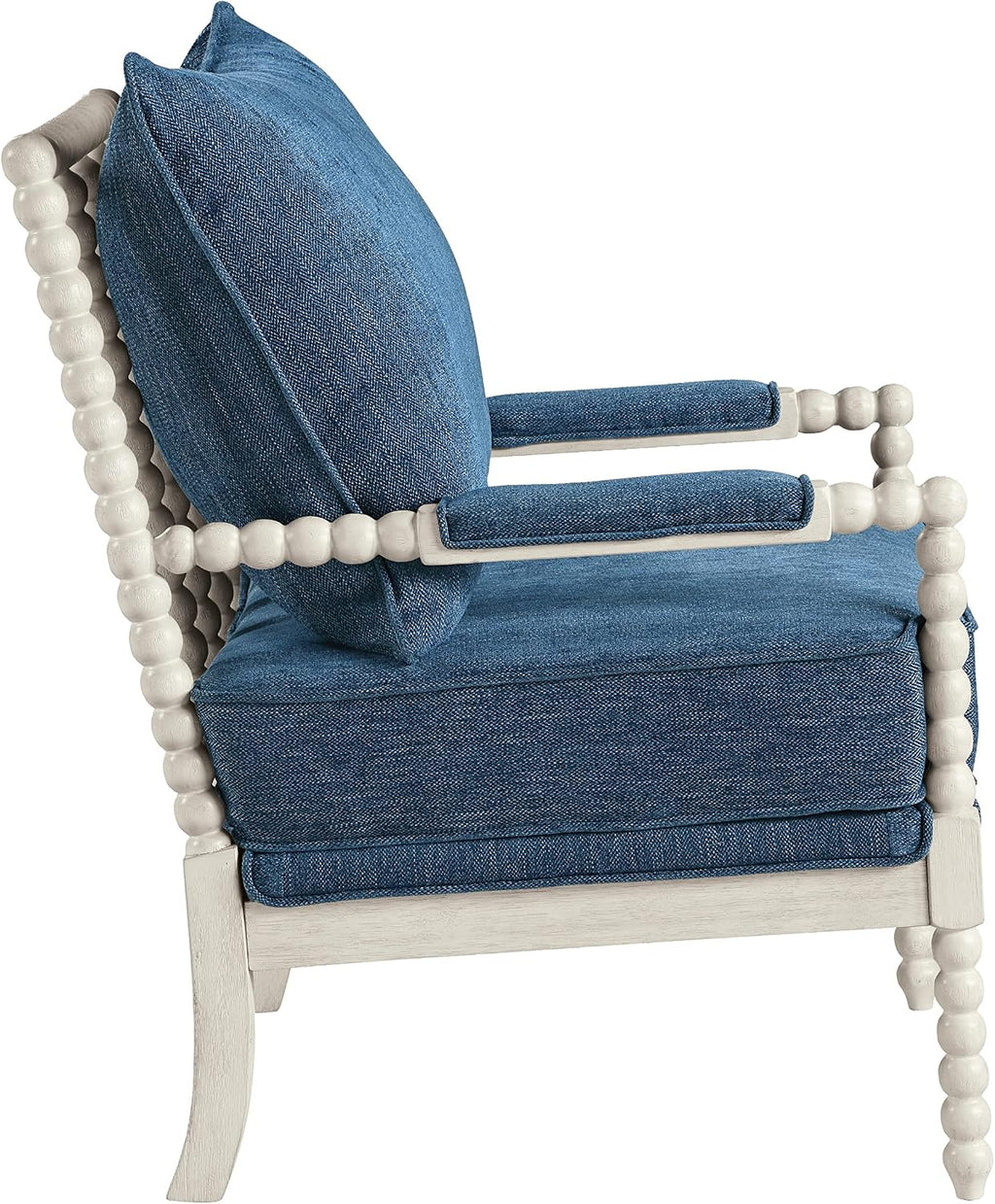OSP Home Furnishings Kaylee Spindle Accent Chair with Antique White Wood Frame, Navy Blue Fabric