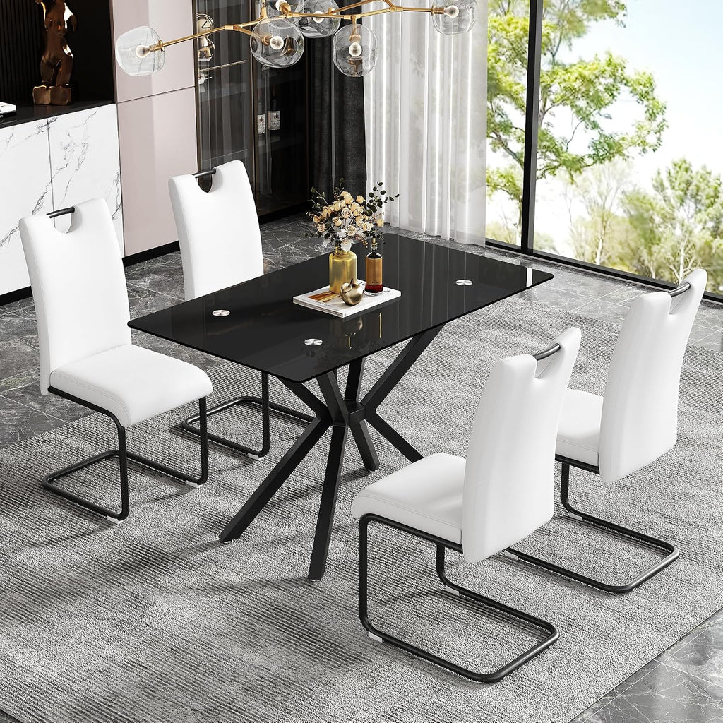 47.2' Black Glass Dining Table, Modern Kitchen Table for 4 People, Contemporary Rectangular Dining Room Dinner Tables with Black Glass Top & Black Metal X Legs for Kitchen Apartment