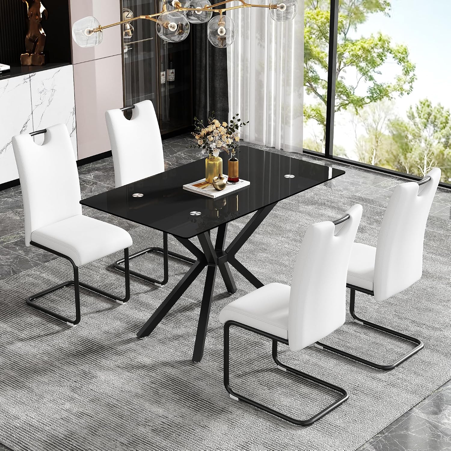 47.2' Black Glass Dining Table, Modern Kitchen Table for 4 People, Contemporary Rectangular Dining Room Dinner Tables with Black Glass Top & Black Metal X Legs for Kitchen Apartment