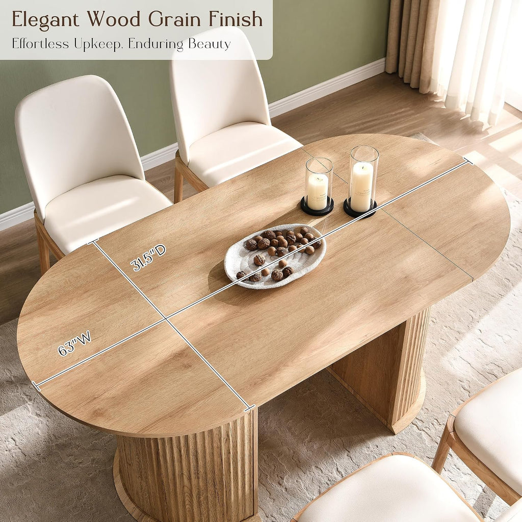 T4TREAM 63' Fluted Oval Dining Table for 4-6, Mid-Century Modern Kitchen Table with Thickened Edge & Semi-Cylindrical Base, Wood Table for Dining Room/Kitchen/Home Office, Natural Oak (Table Only)