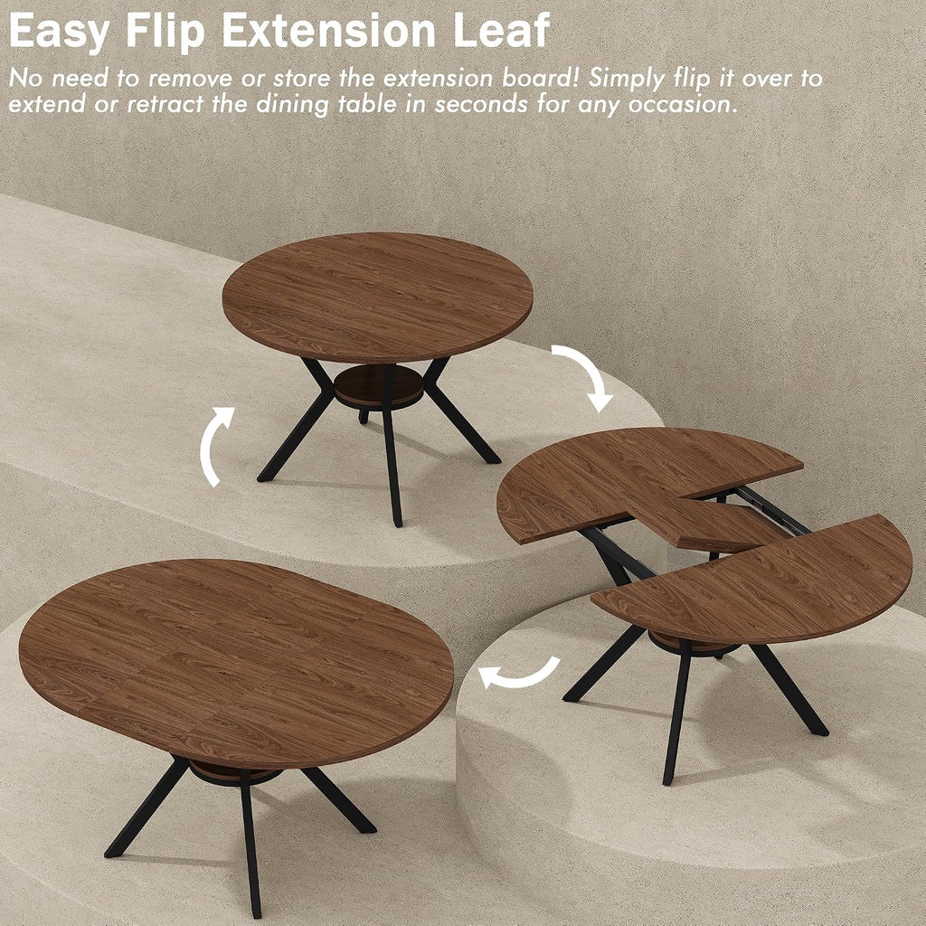 42'-58' Extendable Round Dining Table for 4-6, Kitchen Oval Table with Hidden Leaves & Storage Shelf, Space Saving Modern Design with Sturdy Metal Legs for Kitchen, Dining Room & Small Apartments
