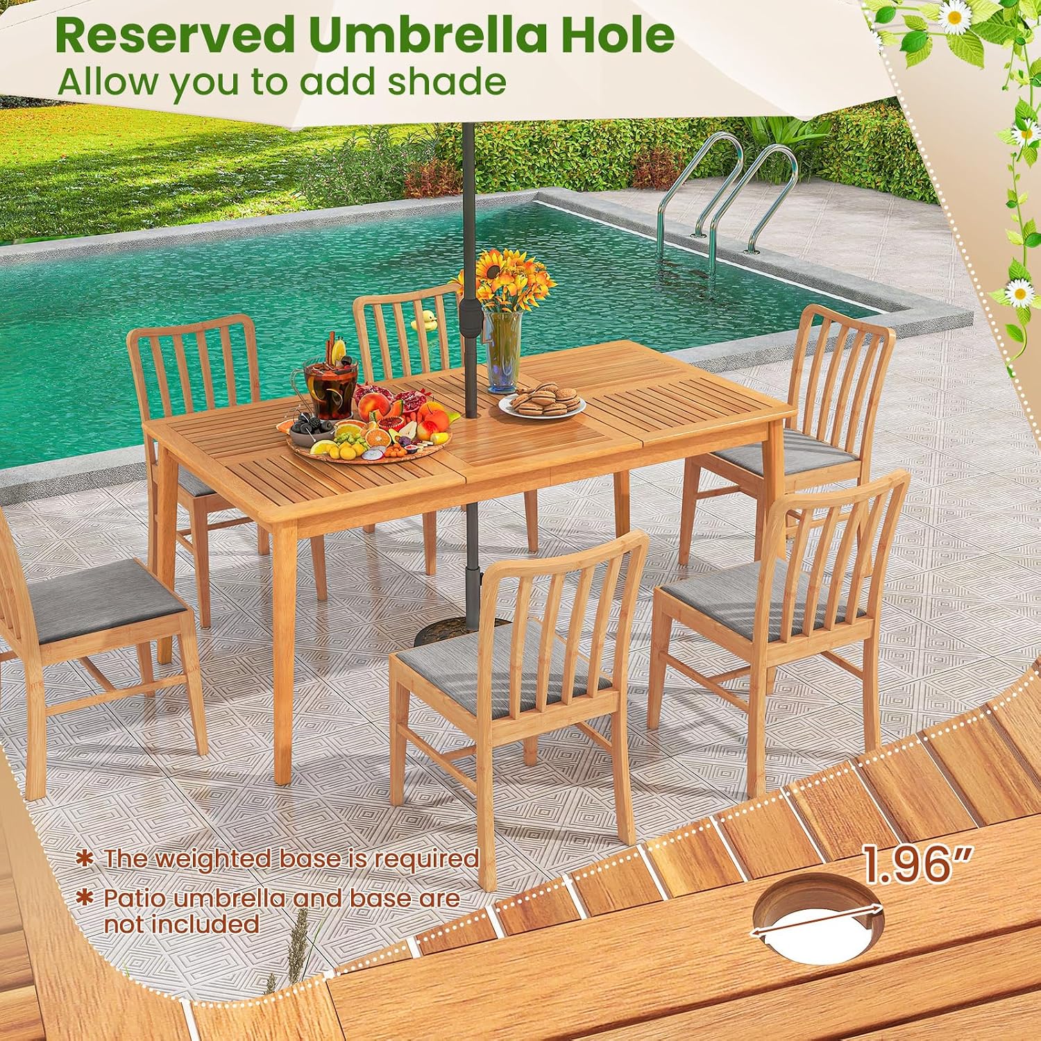 Tangkula 7 Piece Wood Outdoor Dining Set for 6, Rectangular Patio Acacia Wood Table Set with 6 Cushioned Chairs, Umbrella Hole, Heavy Duty Metal Frame for Deck Porch Backyard