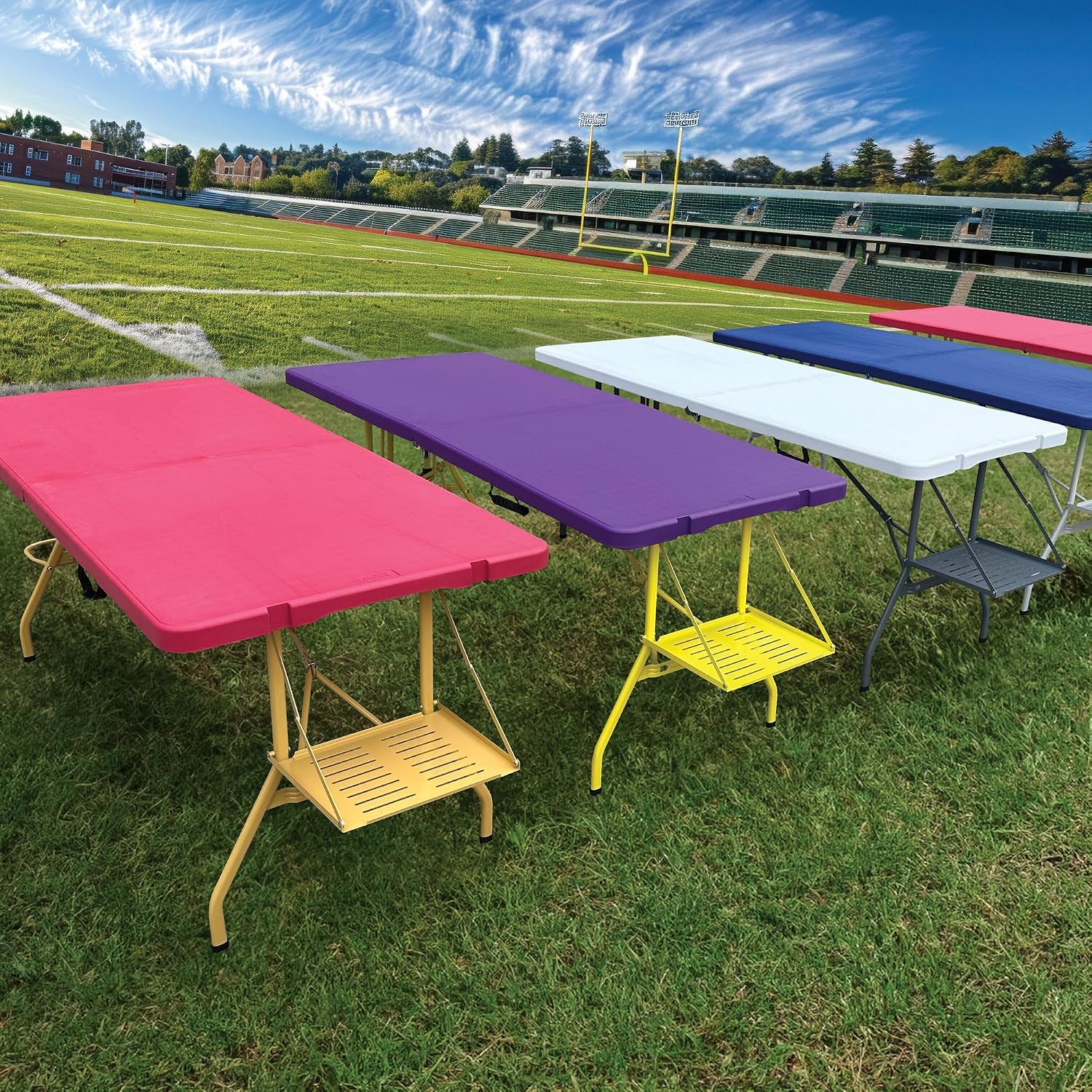 6Ft Rolling Folding Table with Built-in Wheels, Durable Plastic, Team Colors, Easy to Carry, Perfect for Camping, Picnic, Tailgating, Party, Indoor/Outdoor Use (Single Table, Dark Red & Dark Yellow)