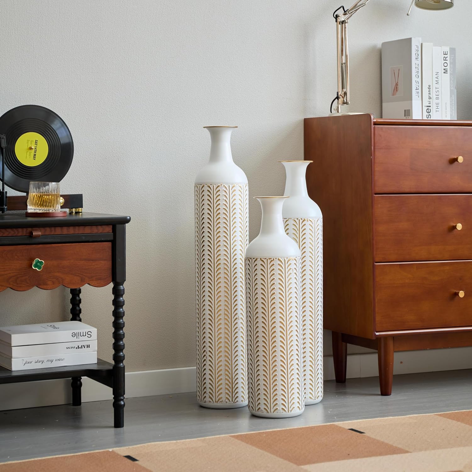 White Metal Floor Vase Set of 3 - Modern Glazed Tall Standing Vase for Home Decor, Living Room & Wedding Centerpieces, Tall Metal Standing Vases for Home Decor (White+Gold Ear of Wheat)