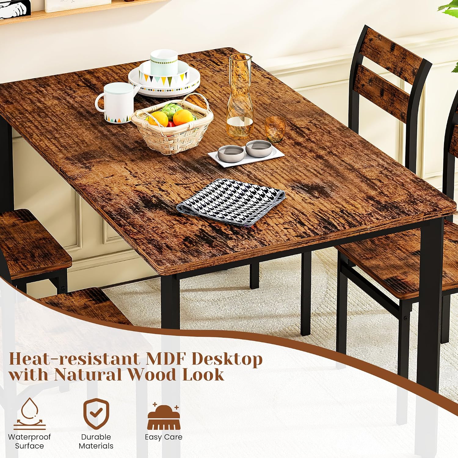 Recaceik Dining Table Set for 4 Wood Kitchen Table Chairs Set, 47 '' Farmhouse 5 Piece Dining Room Table Set, Space-Saving Dinette Set for Breakfast Nook, Apartment, Brown