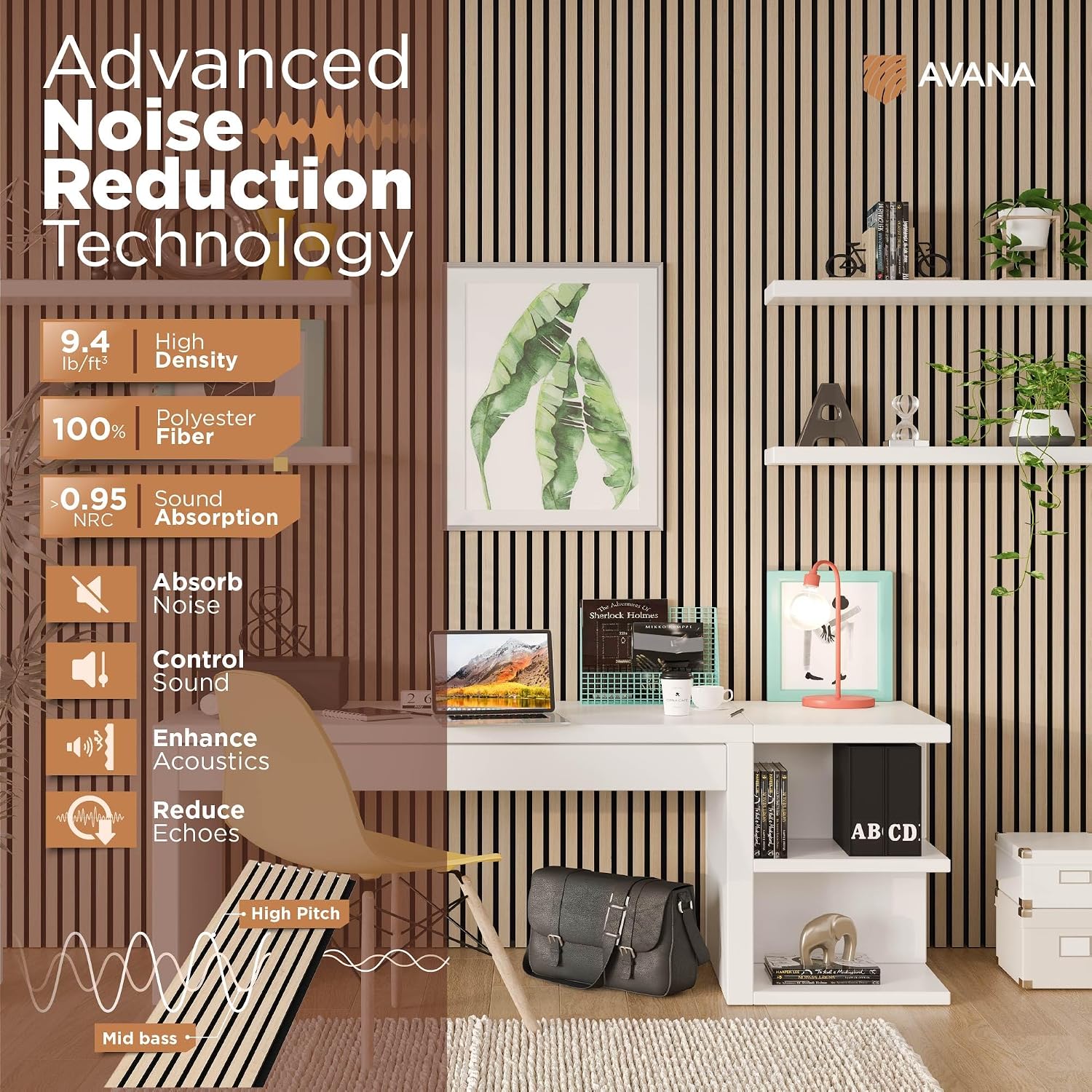 Avana Acoustic Wood Wall Panels – 93.2x11.25 Inch Panels – Fits 94x12 Layout – White Oak Acoustic Panels 2 PCs – Wall Panels for Interior Wall Decor for Homes, Offices – Design Wood Panels for Wall