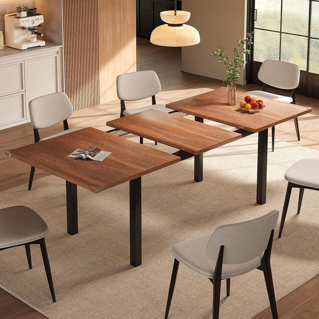 Einhomn Extendable Dining Table for 4-6, 63' Modern Kitchen Table, Farmhouse Dining Room Tables for Dining, Kitchen, Office, Living Room, Rectangular Wooden Tables, Space Saving (Walnut)