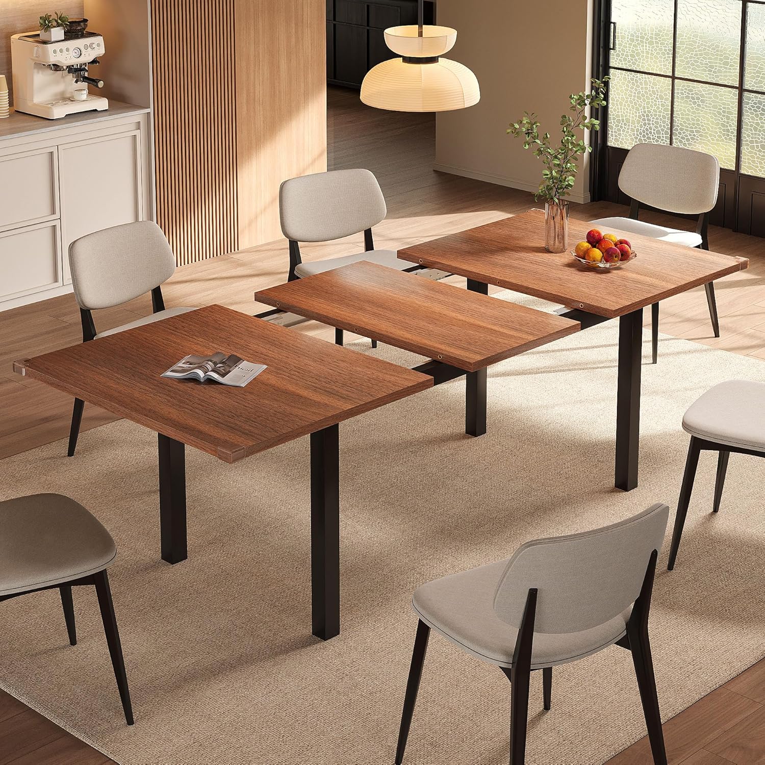 Einhomn Extendable Dining Table for 4-6, 63' Modern Kitchen Table, Farmhouse Dining Room Tables for Dining, Kitchen, Office, Living Room, Rectangular Wooden Tables, Space Saving (Walnut)
