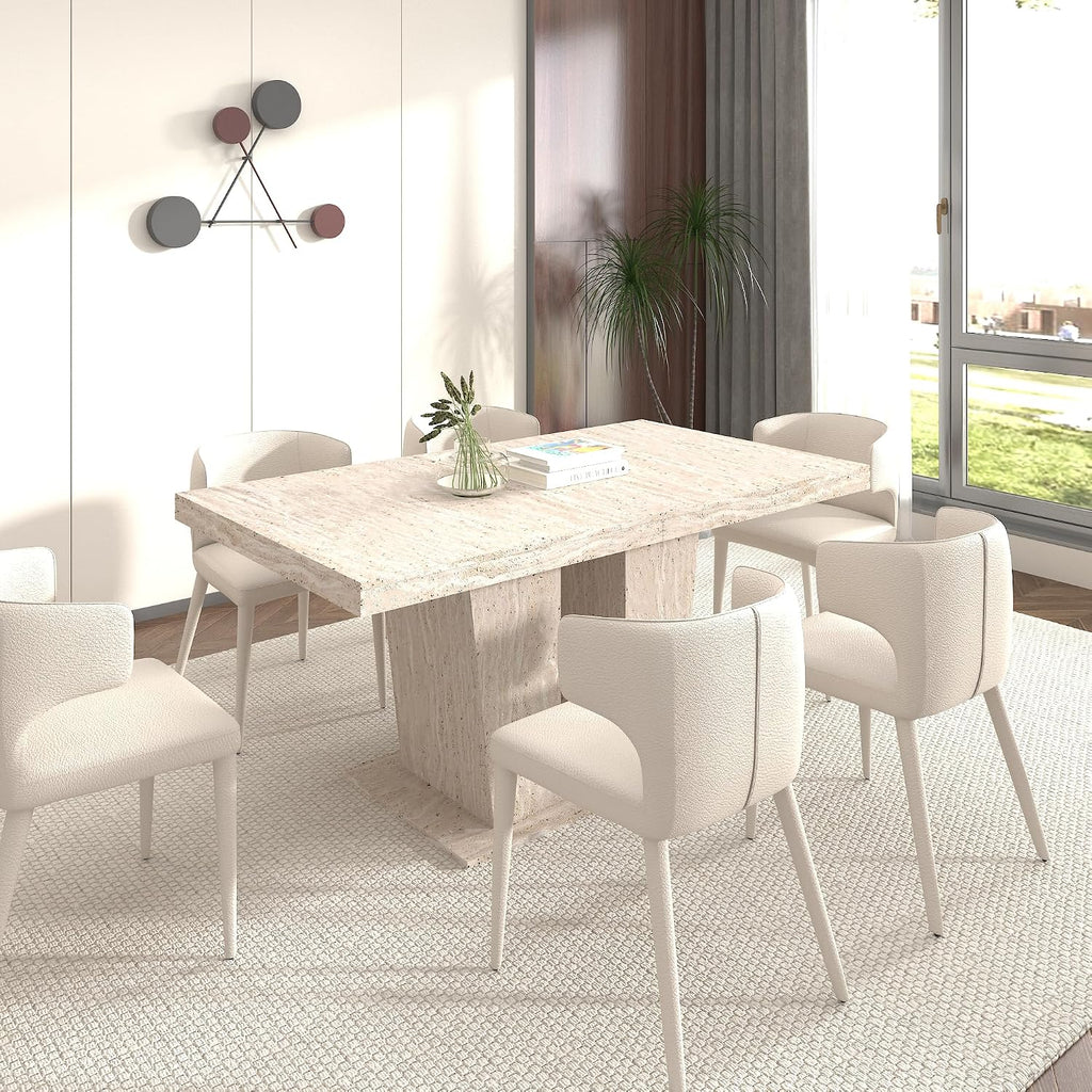 62.99' to 78.74' Extendable Rectangular Dining Table for 6-10 People,Kitchen Table with Veined Travertine Pattern for Family Living Room,Beige