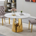 45 inch Round Dining Table for 4 to 6, Modern Circle Dining Table with White Faux Marble Tabletop & Golden Cylindrical Base, Small Kitchen Dining Room Table for Breakfast Dinette Dinner Dinning Room