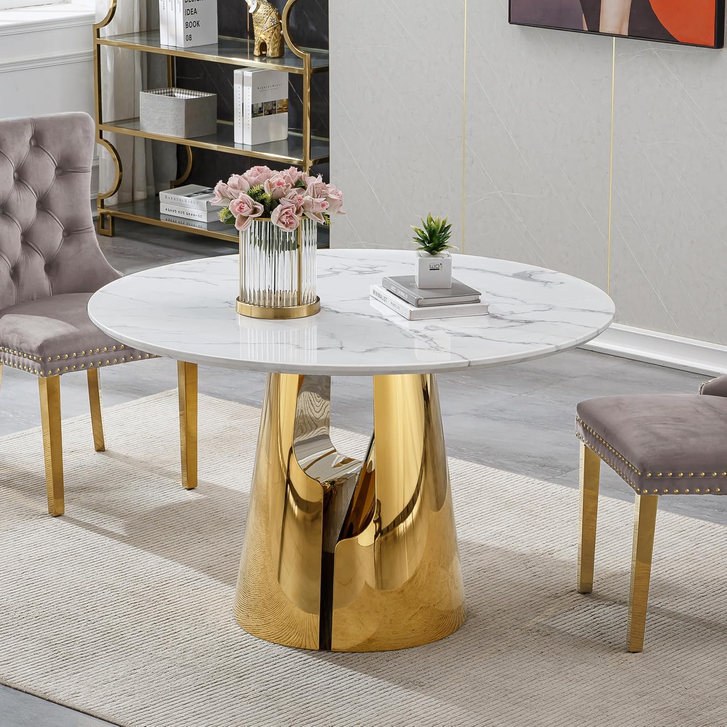 45 inch Round Dining Table for 4 to 6, Modern Circle Dining Table with White Faux Marble Tabletop & Golden Cylindrical Base, Small Kitchen Dining Room Table for Breakfast Dinette Dinner Dinning Room