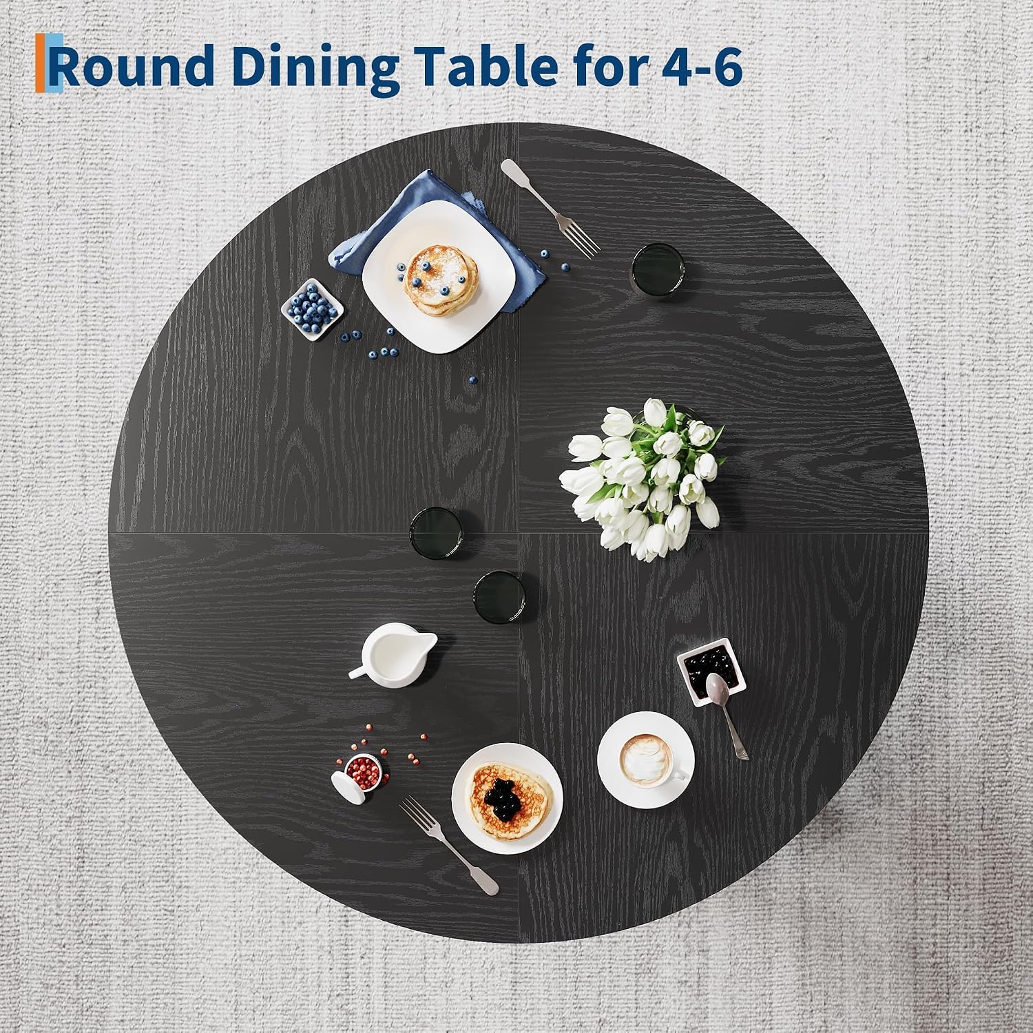 IDEALHOUSE 47' Round Dining Table for 4-6, Wood Kitchen Table with Sturdy Base, Farmhouse Circle Dinner Table for Dining Room, Living Room, 4 Strong Legs, Black
