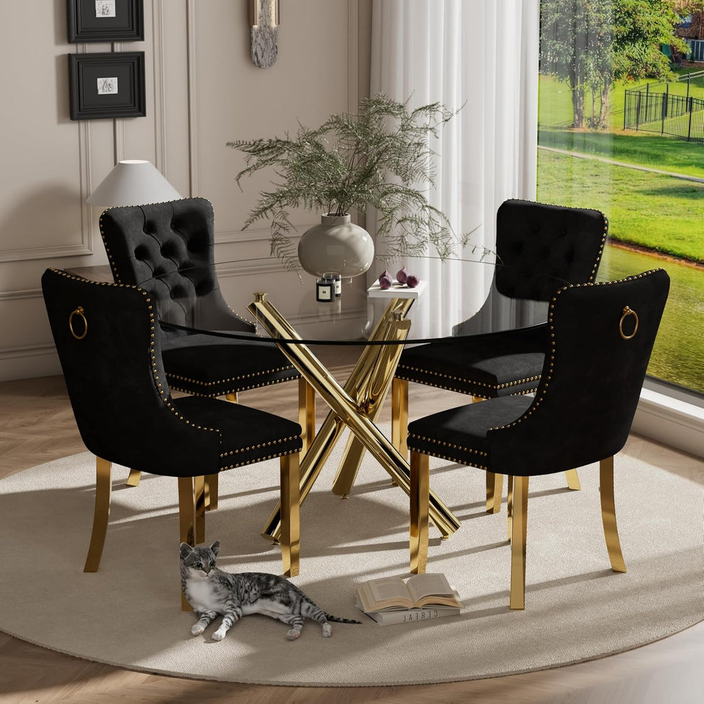 5 Piece Golden Luxury Round Glass Dining Set, Modern Minimalist Circle Kitchen Table Set for 4, 47'' Clear Circular Glass Top Dinner Room Set, Black High-end Tufted Chairs, for Large Place
