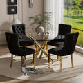 5 Piece Golden Luxury Round Glass Dining Set, Modern Minimalist Circle Kitchen Table Set for 4, 47'' Clear Circular Glass Top Dinner Room Set, Black High-end Tufted Chairs, for Large Place