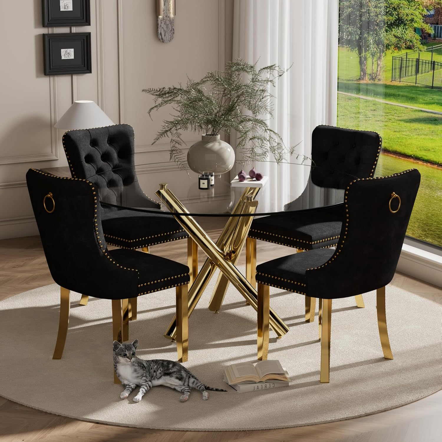 5 Piece Golden Luxury Round Glass Dining Set, Modern Minimalist Circle Kitchen Table Set for 4, 47'' Clear Circular Glass Top Dinner Room Set, Black High-end Tufted Chairs, for Large Place