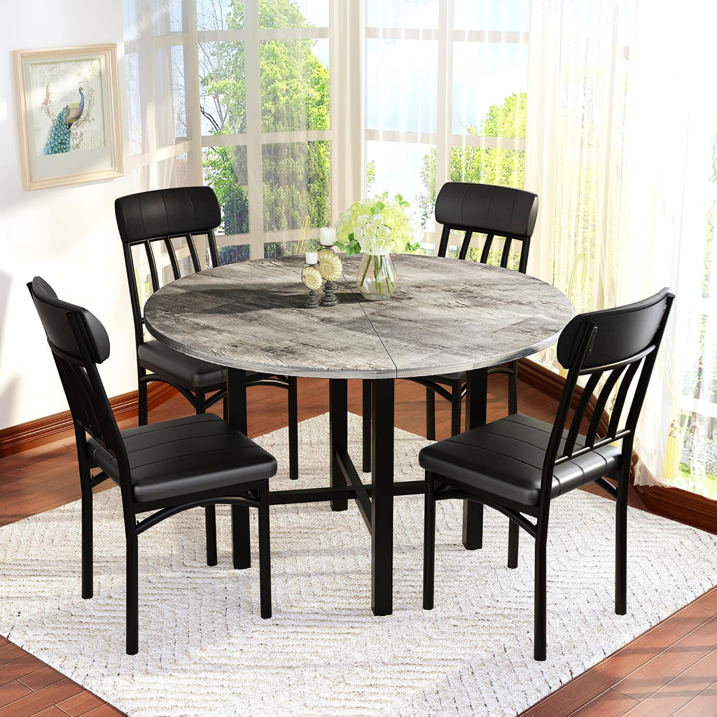 AWQM Round Dining Table Set for 4, Wood Circle Kitchen Table and Chairs Set for 4, Modern Dining Room Sets with 4 Faux Leather Chairs, Round Dinner Table for Small Space, Grey