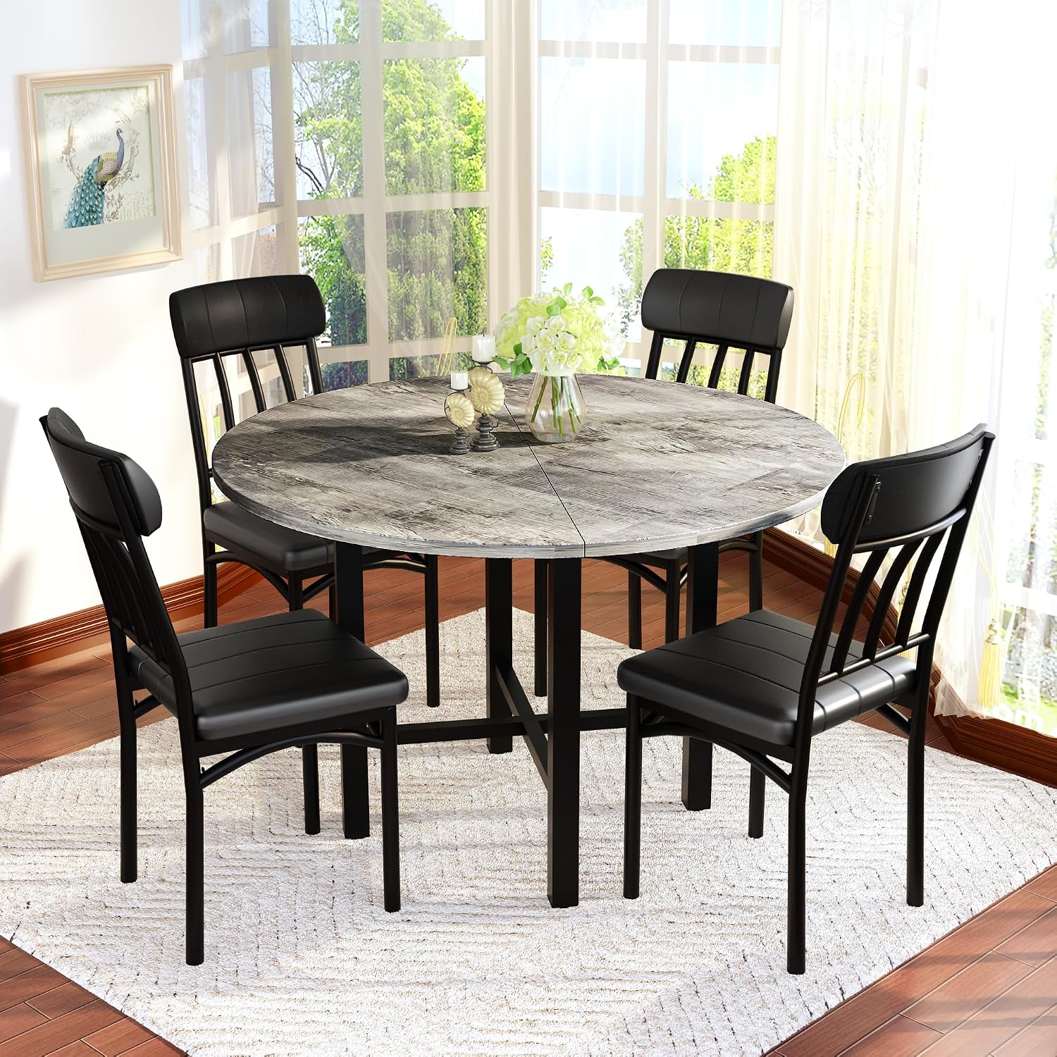AWQM Round Dining Table Set for 4, Wood Circle Kitchen Table and Chairs Set for 4, Modern Dining Room Sets with 4 Faux Leather Chairs, Round Dinner Table for Small Space, Grey
