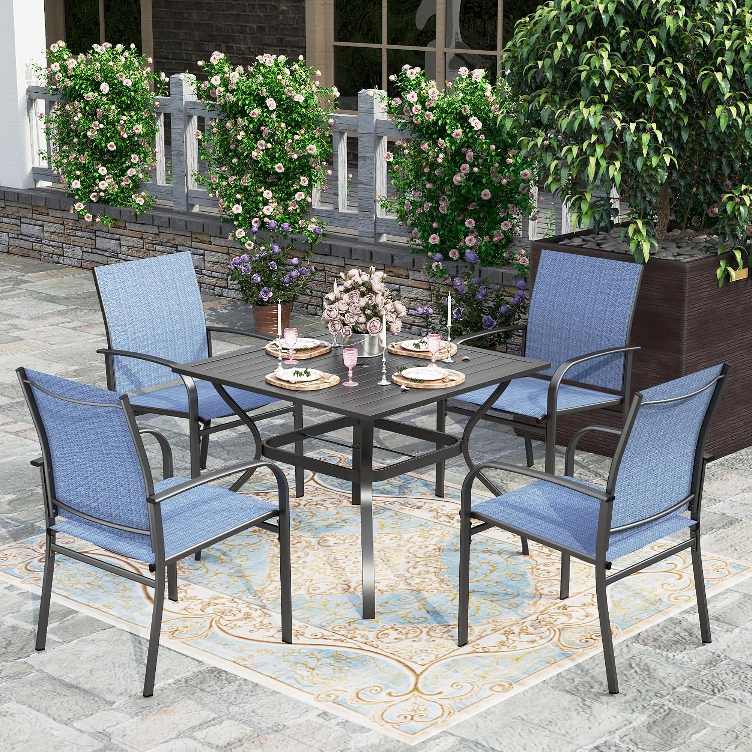 HERA'S HOUSE 5 Pieces Patio Dining Set, Outdoor Table and Chairs Set for 4, 4 x Blue Textilene Dining Chair, 37' Square Metal Dining Table, for Lawn Garden Backyard Deck