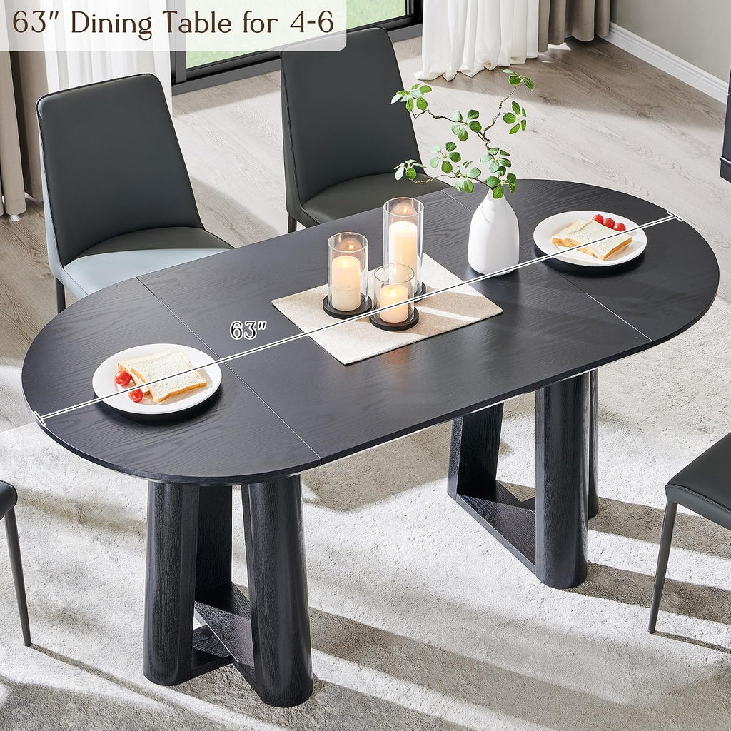 OKD 63' Dining Table for 6-8, Oval Dining Room Table with Triangular Structure Pedestal Stable Base, Curved Table Edge, Circle Kitchen Tables for Dining Room, Kitchen, Black Oak