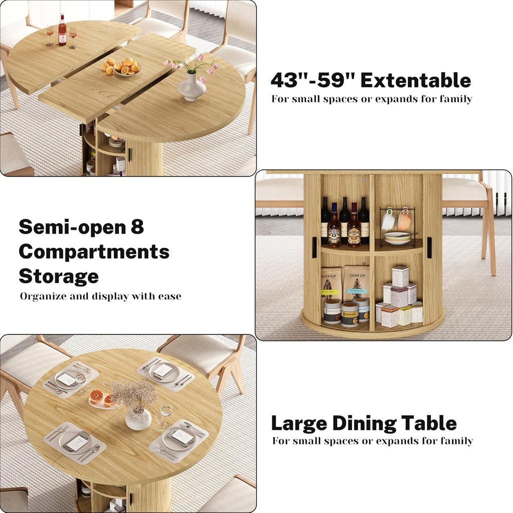 Vipbear Extendable Dining Table 43-59' for 4-6 People, Solid Wood Top with Fluted Slide Door & 8-Compartment Storage, Space Saving Round Dining Room Kitchen Dinner Tables Furniture with Pedestal Base