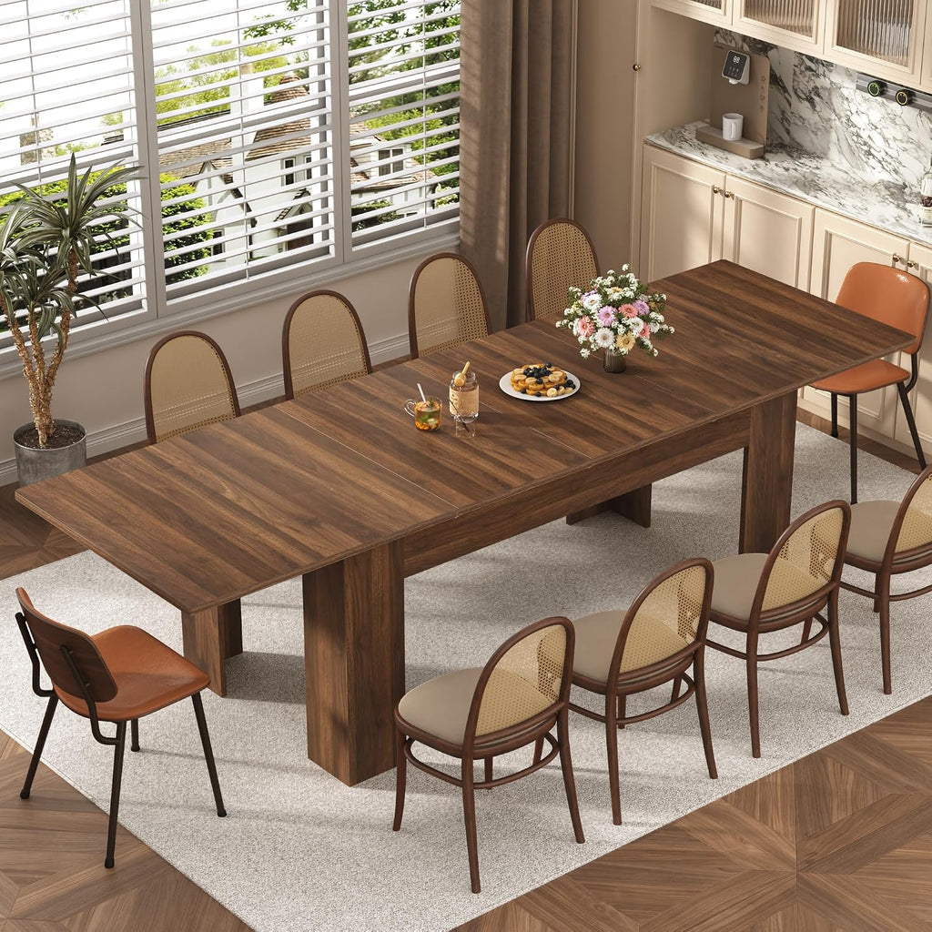 jiteentarou 70' to 110' Extendable Dining Table for 8 10 12 People, Rectangular Indoor Wooden Expandable Dinner Tables, Farmhouse Large Kitchen Dining Table for Home,Walnut