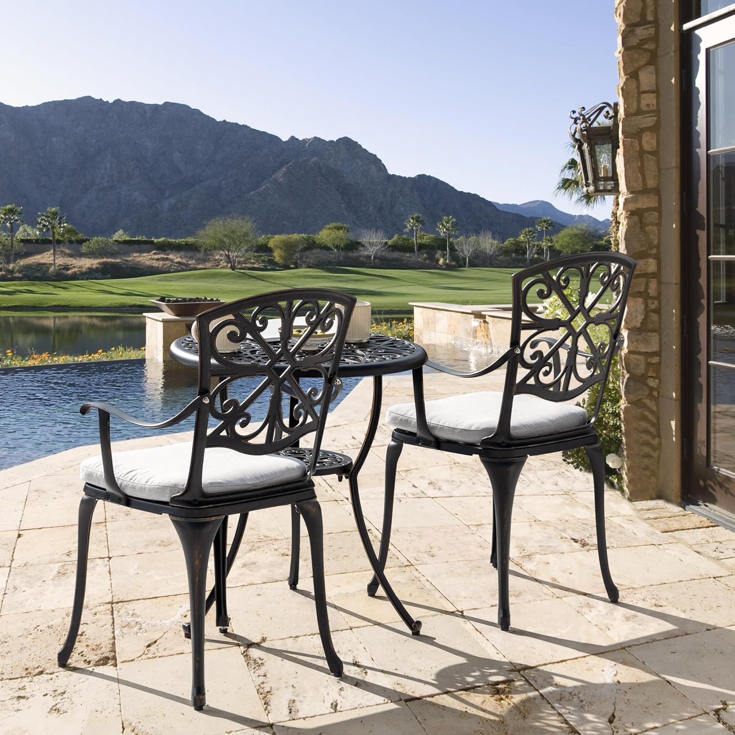 NUU GARDEN Bistro Set 3 Piece Outdoor Cast Aluminum Patio Table and Chairs Set of 2 with Umbrella Hole and Grey Cushions for Backyard, Balcony, Lawn, Black