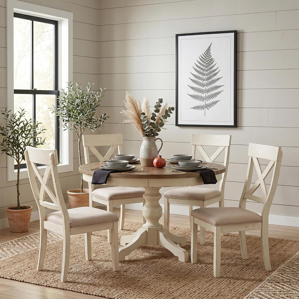 Prato Round Two-Tone Finish Wood Dining Table, Antique White and Distressed Oak
