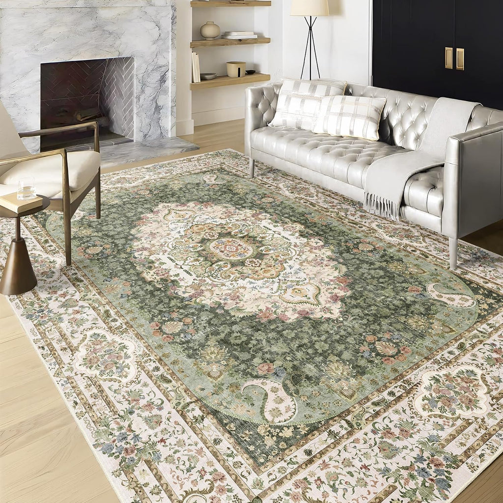 Casrage 6'x9' Area Rugs Washable,Green Rug for Living Room Bedroom Kitchen,Large Boho Vintage Bohemian Distressed Carpet Non Slip,Floral