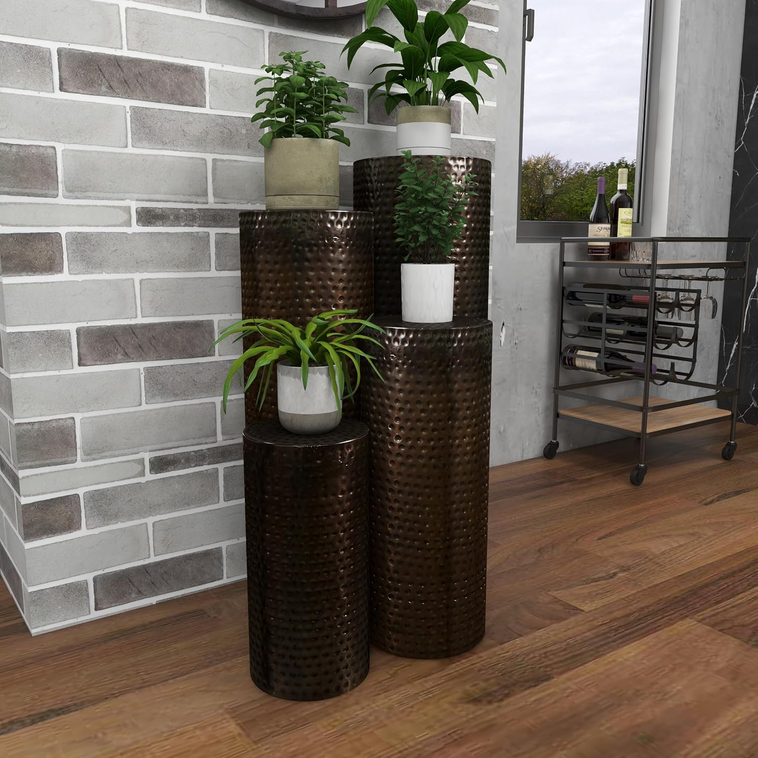 Deco 79 Metal Cylinder Pedestal Table with Hammered Design, Set of 4 36', 32', 24', 18'H, Brown
