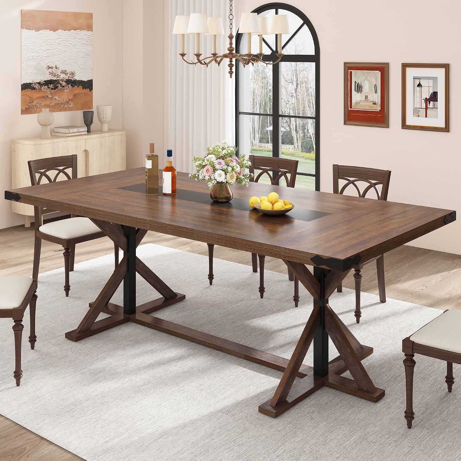 Hlivelood 78 Inch Dining Table for 8 People, Rectangular Kitchen Farmhouse Table W/Thickness Waterproof Wood Tabletop,Long Dining Room Tables W/Wood Strip Base for Kitchen Living Room(78IN Brown)