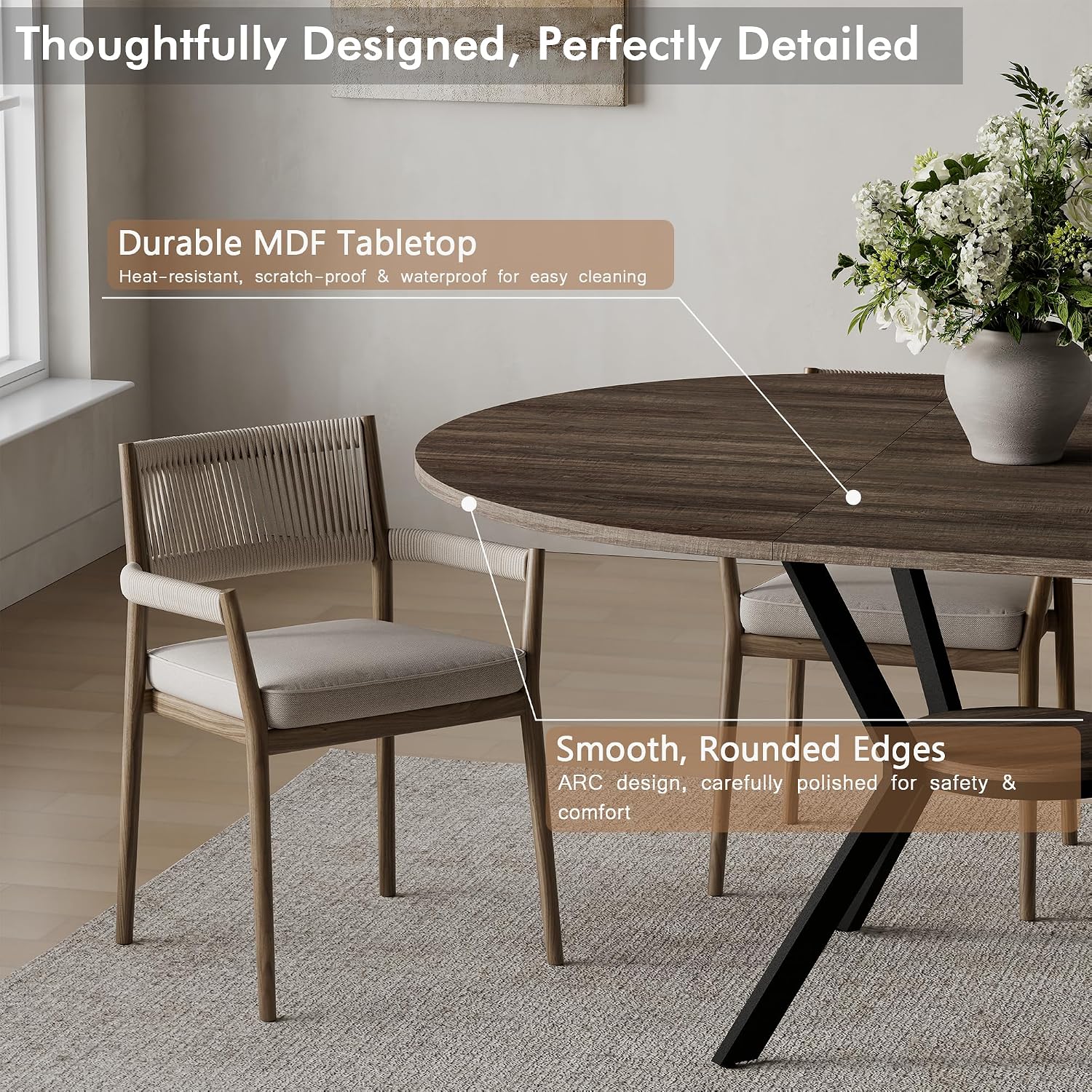 42'-58' Extendable Round Dining Table for 4-6, Kitchen Oval Table with Hidden Leaves & Storage Shelf, Space Saving Modern Design with Sturdy Metal Legs for Kitchen, Dining Room & Small Apartments