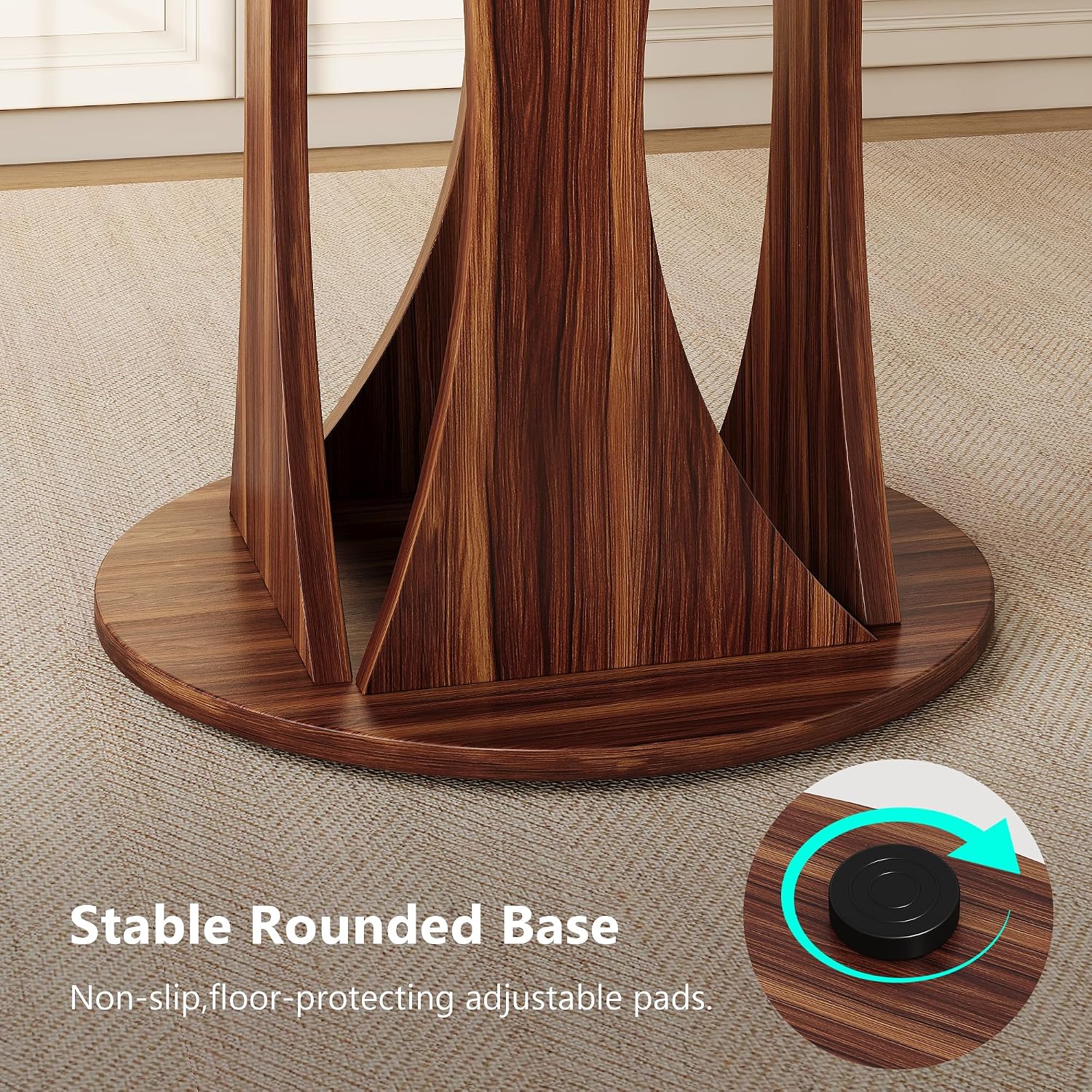 Einhomn Round Dining Table for 4-6, Kitchen Table with Sturdy Double Arc & Rounded Base & Backboard Clasp Desktop, Mid-Century Modern Circle Dinner Table for Dining Living Room, Space Saving, Walnut