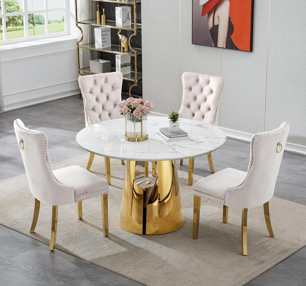 45 inch Round Dining Table for 4 to 6, Modern Circle Dining Table with White Faux Marble Tabletop & Golden Cylindrical Base, Small Kitchen Dining Room Table for Breakfast Dinette Dinner Dinning Room