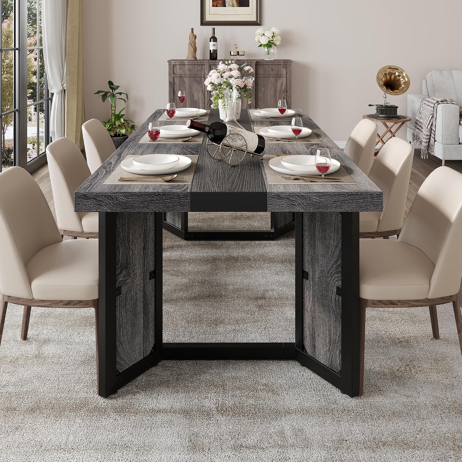 knoworld Industrial Dining Table for 6-8 People, 71' Large Long Wooden Kitchen Table with Sturdy Metal Frame & Brown Finish, Rustic Style Rectangular Dinner Table for Dining Room, Kitchen (Oak Gray)