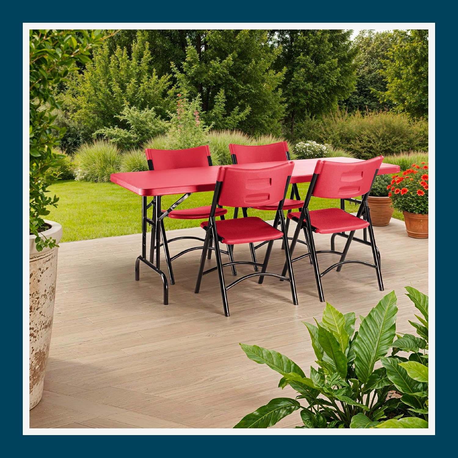 OEF Furnishings OEFBTA-3072-40 Adjustable-Height Commercial-Grade Premium Industrial Folding Table, 6-Foot Pedestal-Leg Design with 17-Gauge Steel Frame and Thick Double-Wall Top (72' × 30', Red Top)