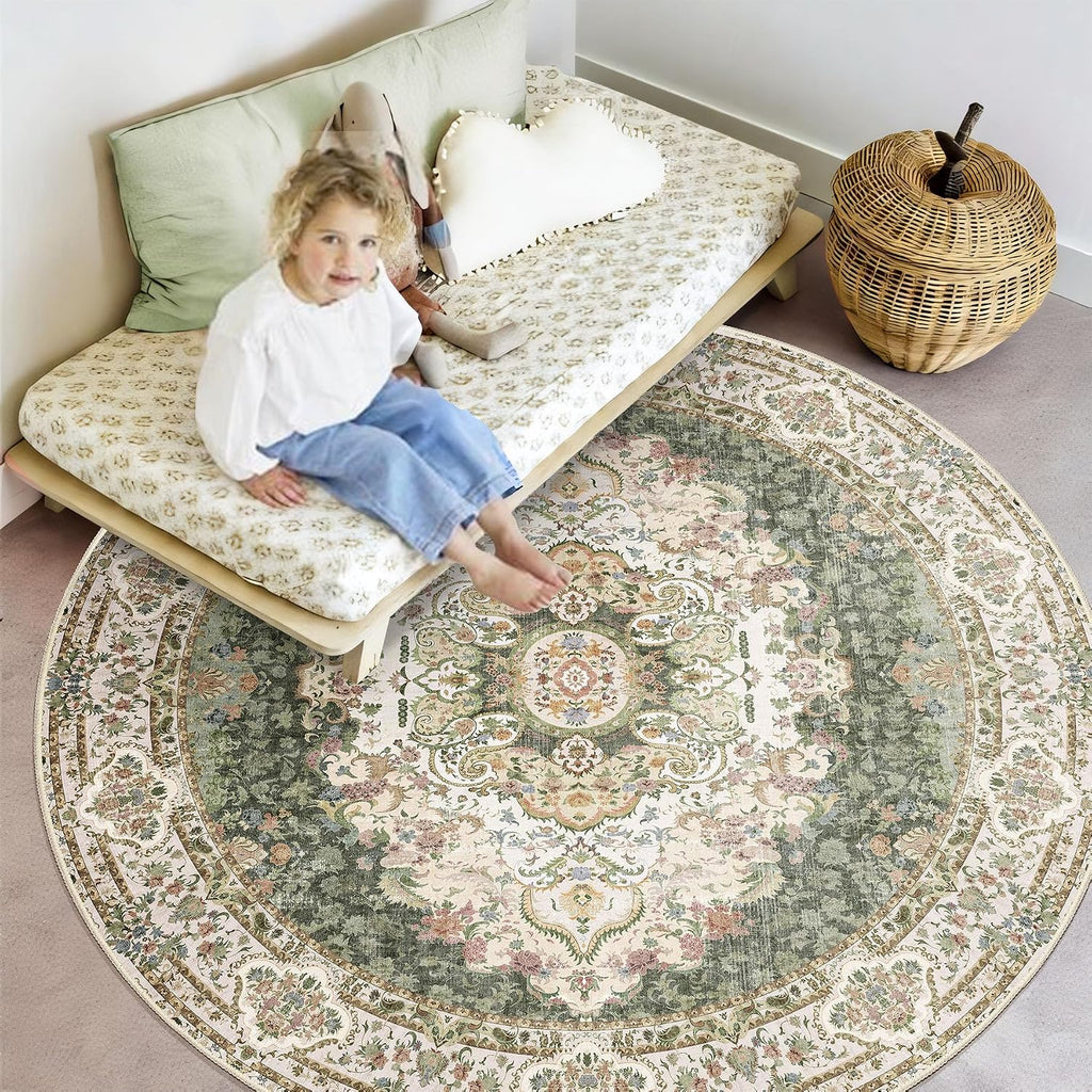 Green Round Rug 6ft,Large Circle Area Rugs for Bedroom Living Room Dining Room,Washable Boho Vintage Bohemian Distressed Oriental Carpet Non Slip,Sage Floral