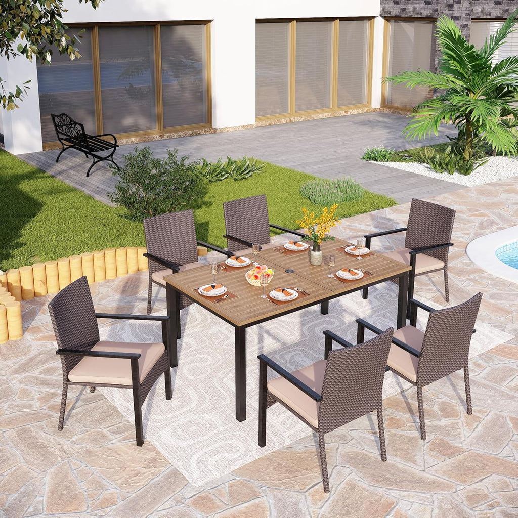 PHI VILLA 64' Rectangle Outdoor Dining Table, Patio Furniture Wood-Like Tabletop with Umbrella Hole for Patio Lawn Backyard Garden, Brown