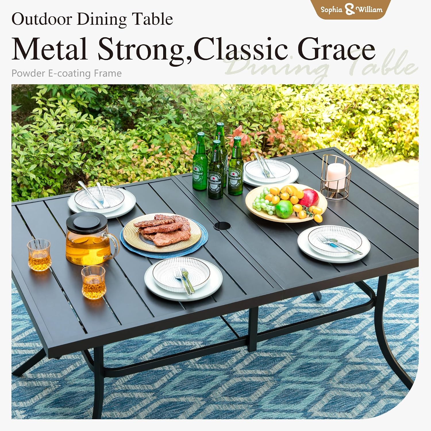 Sophia and William Outdoor Patio Dining Set for 6, Outdoor Table and Chairs, Removable Seat Cushions, 59' Black Patio Dining Table
