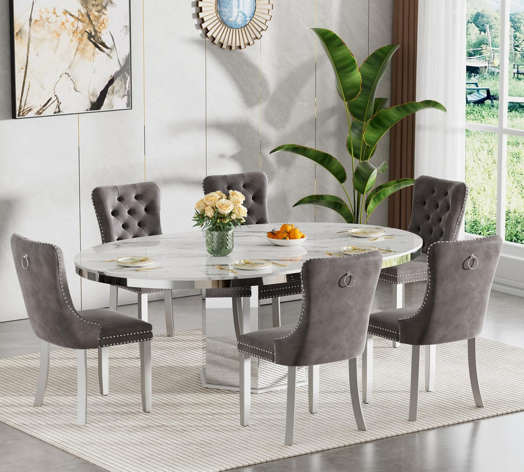 7 Pieces 47'-63' White Faux Marble Extendable Dining Table Set, Round Expanding Kitchen and Dining Room Table Set for 6 with Mirrored Acrylic Base & Grey Velvet Upholstered Chairs