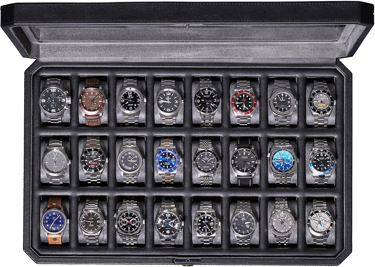 ROTHWELL 24 Slot Watch Case with Lock – Luxury Watch Box to Display and Organize Your Collection | Real Glass Top | Premium Storage for Collectors (Black/Grey)