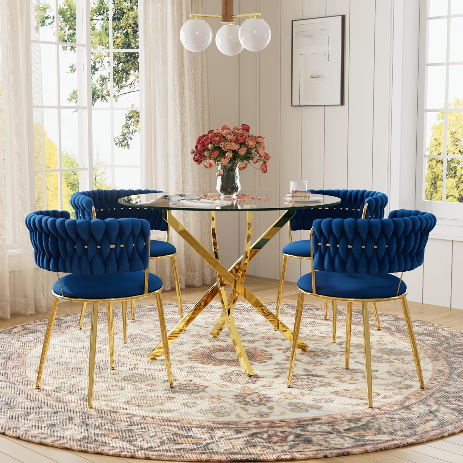 Round Glass Dining Table Set for 4, 36'' Small Circle Glass Kitchen Table with 4 Luxury Blue Gold Velvet Dining Chairs, 5-Piece Dining Room Table Set for Small Place(Gold Base)
