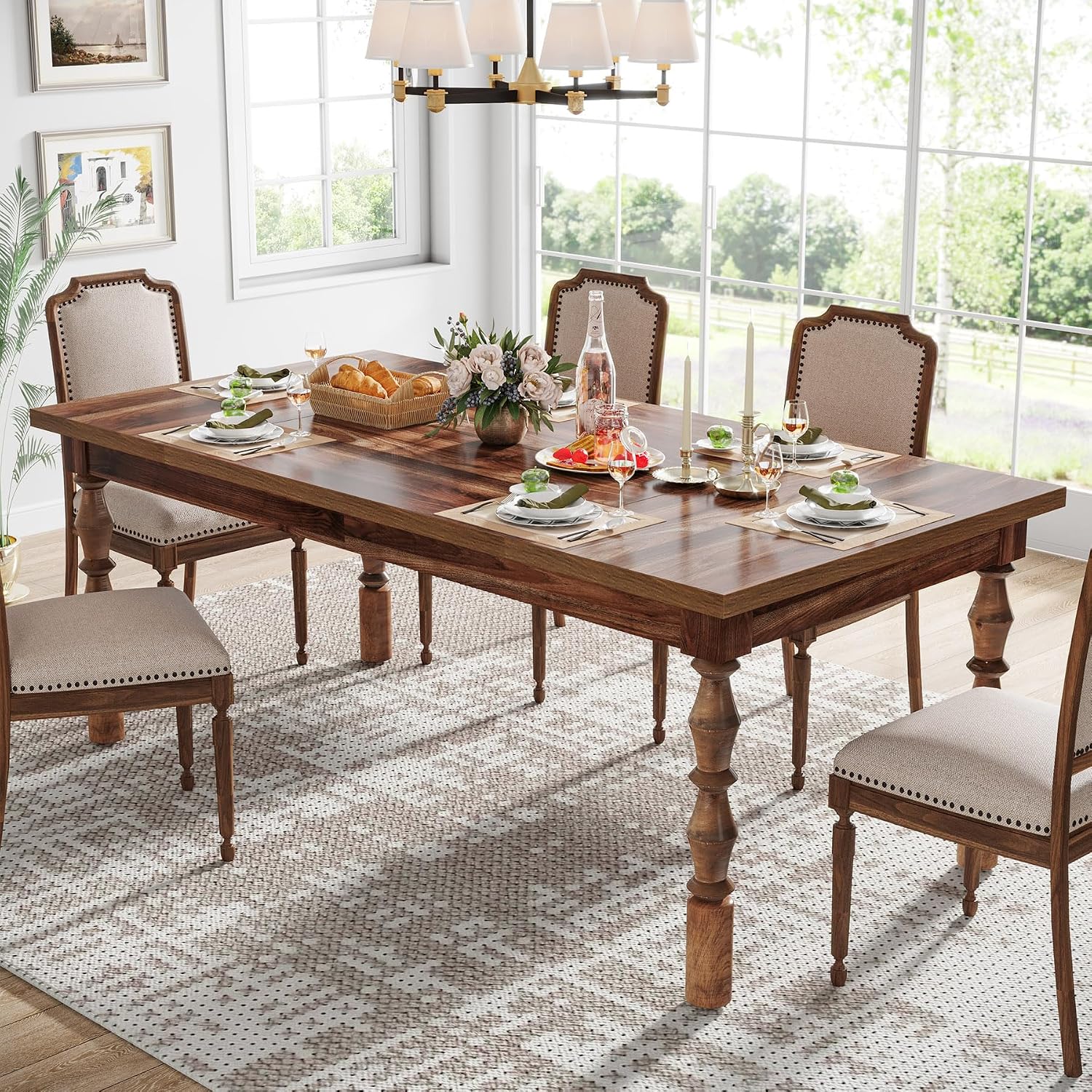 Tribesigns 62' Farmhouse Dining Table for 4-6 People, Large Wood Rectangle Kitchen Table, Modern Dinner Table Kitchen & Dining Room Furniture with Carved Turned Legs